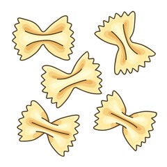 Farfalle. Bow-tie pasta. Vector illustration of Italian pasta on white background. Pasta shapes and types. 