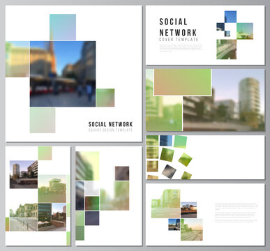 Vector layouts of modern social network mockup in popular formats for cover design, website design, website backgrounds or advertising. Abstract project with clipping mask green squares for your photo