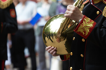 Musical instrument in marching band,Trumpet players in a military band.
