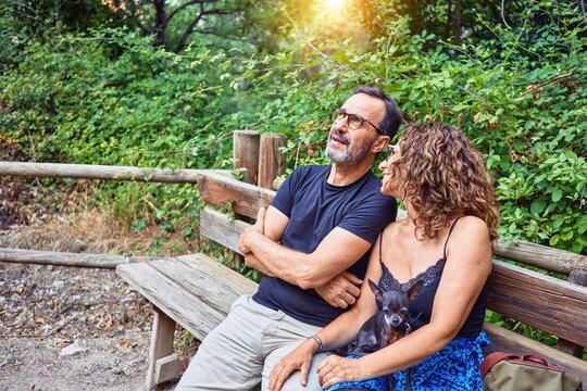 Middle age couple smiling happy looking at the sky. Sitting on the bench with chihuahua dog at park