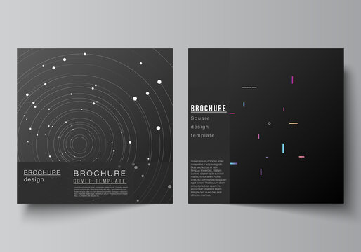 Vector layout of two square format covers design templates for brochure, flyer, magazine, cover design, book design, brochure cover. Tech science future background, space astronomy concept.