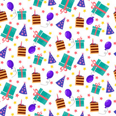 Pattern with cakes, gift box and balloons for birthdays or other holidays. Vector illustrations for packaging, fabric, scrapbooking, markets and decor. For New Years, Christmas, Birthday and other