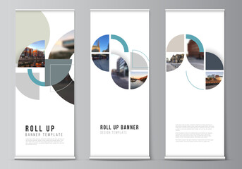 Vector layout of roll up mockup design templates for vertical flyers, flags design templates, banner stands. Background with abstract circle round banners. Corporate business concept template.