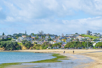 AUCKLAND, NEW ZEALAND - Sep 10, 2019: View of St Heliers Bay suburb with waterfront houses on hill...
