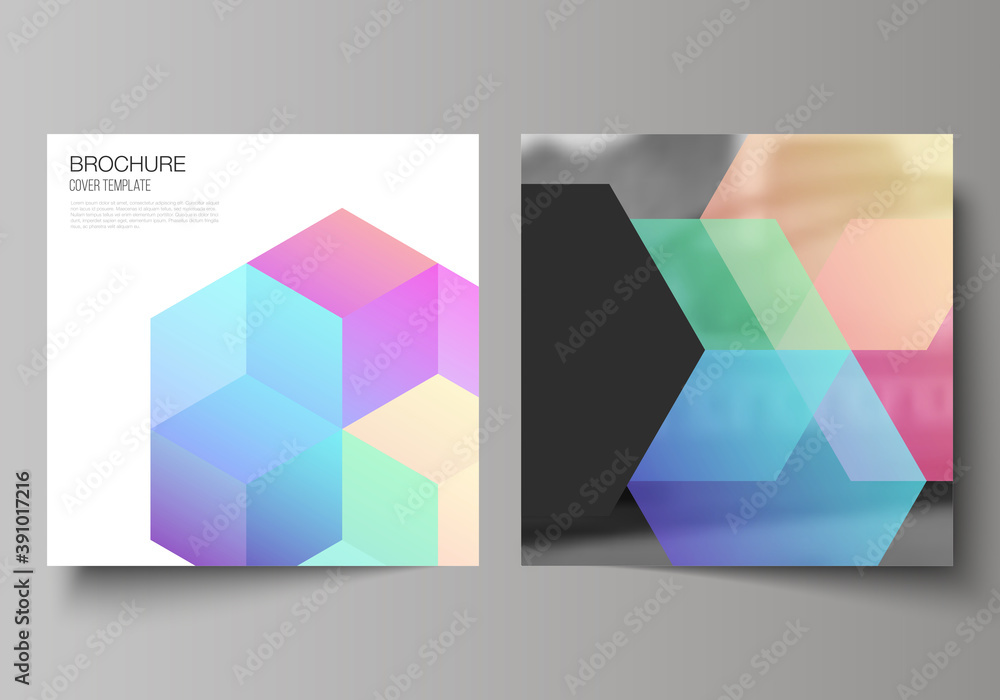 Poster vector layout of two square format covers design templates with abstract shapes and colors for broch