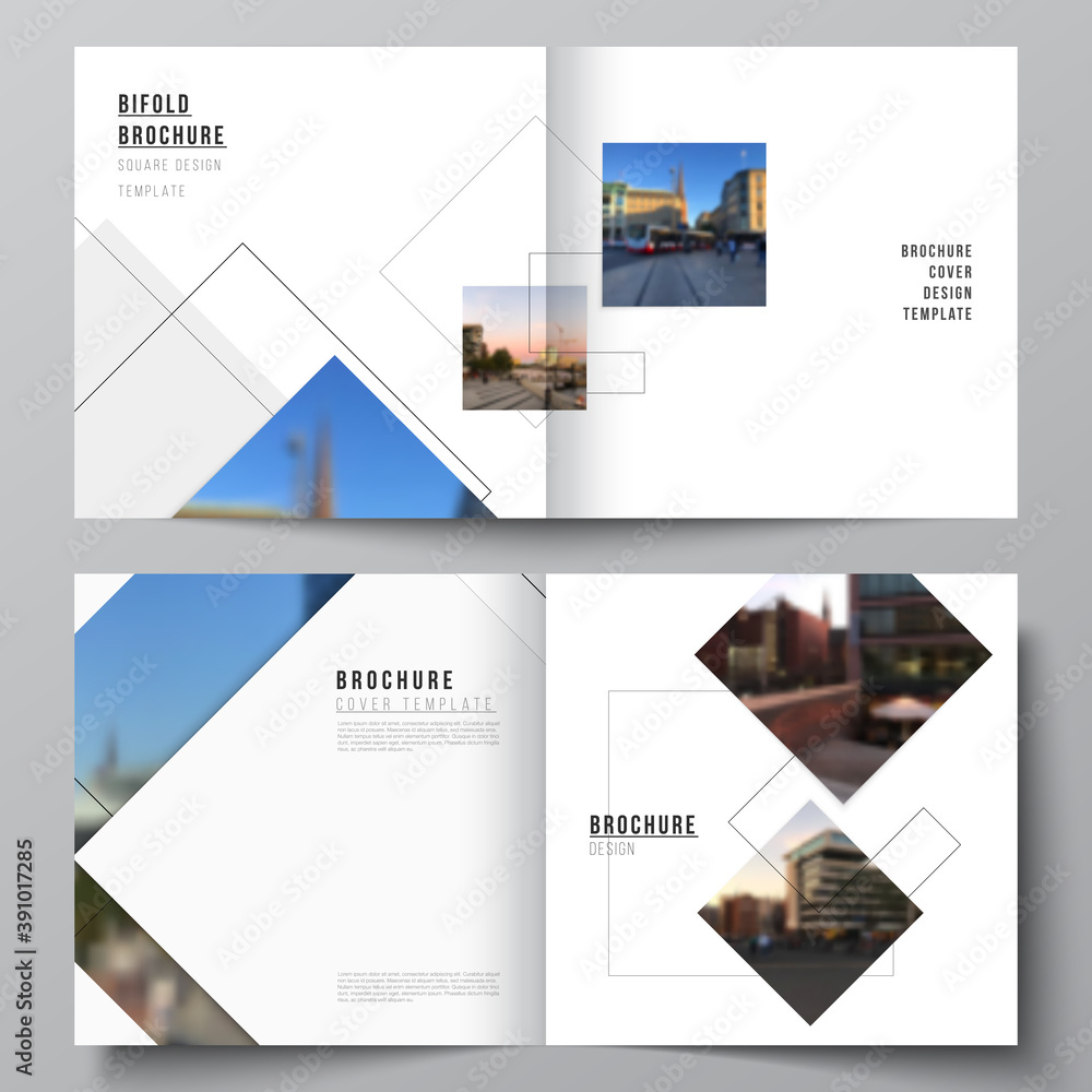 Poster vector layout of two covers templates with geometric simple shapes, lines and photo place for square