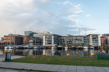 Fototapeta na wymiar the harbour of the town Odense in Denmark 