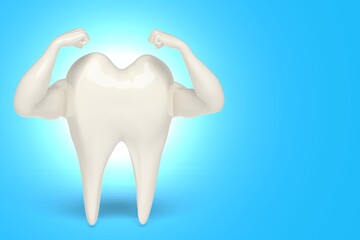 3d render strong healthy tooth, Muscle hands on tooth
