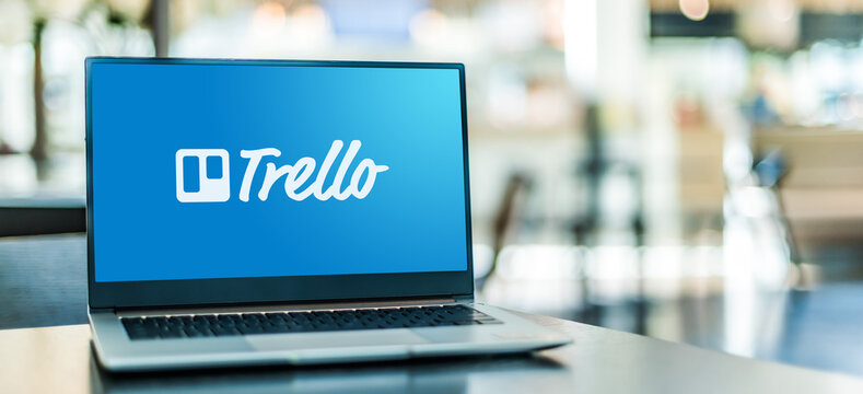 Laptop computer displaying logo of Trello
