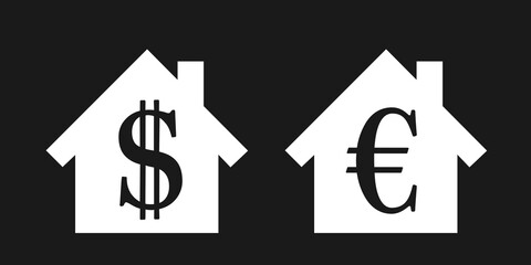 Family house and residential building with symbol of  US dollar and Euro. Buying, purchase and selling of architecture. Finance and real estate property. Vector illustration.