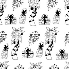 Seamless pattern of Hawaiian new year. Pattern of palm trees, fireworks, gifts in the sketch style on a white background. Christmas background on the sea. Vector illustration in Doodle style.