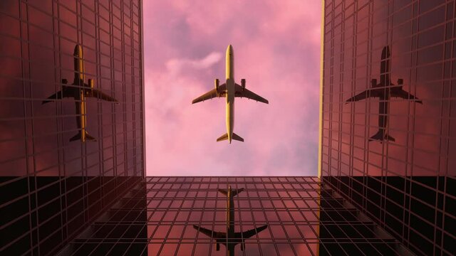 Beautiful animation of a plane flying over office buildings on sunrise.3D Render.