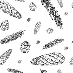 Seamless pattern of cute cones, fir branches, snowflakes in sketch style on a white background.Christmas background.Vector illustration in Doodle style. For greeting cards, design, decoration