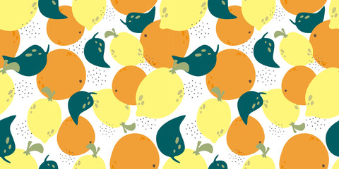 Seamless background with fruits. Vector illustration. Suitable for fabric, wallpaper, kitchen design. Lemon and orange in cartoon style