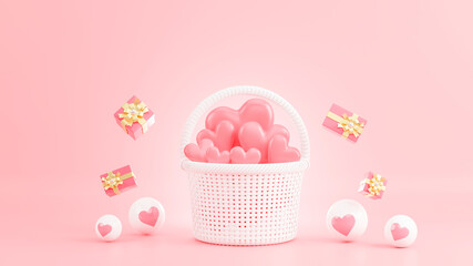 3d render of pink heart in wicker basket at valentine day