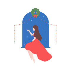 Beautiful woman in red dress sitting at a window and catching snowflake in her hand. New Year or Christmas celebration. Vector illustration in flat style.