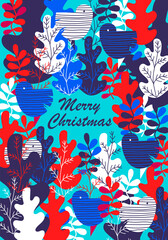 Christmas greeting card. vector greeting card with blue and red leaves. the inscription merry Christmas