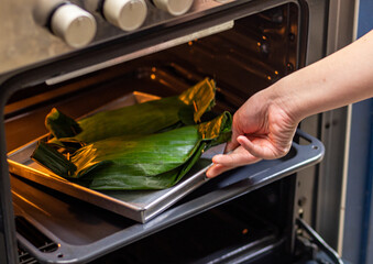 Woman hand take food to oven
