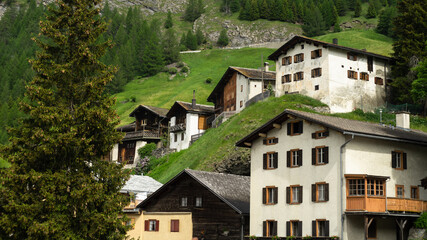 Swiss chalet houses on mountain slope.
