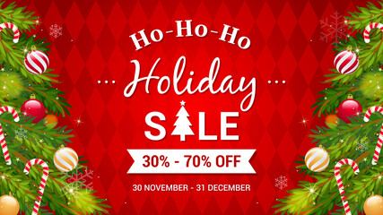Ho Ho Ho Holiday Sale vector illustration. Christmas trees on red argyle pattern background. Merry Christmas sale banner