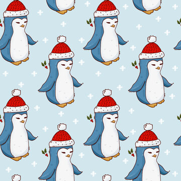 Christmas pattern of cute cartoon penguins.
