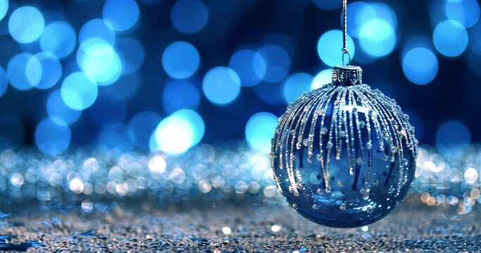 A blue glass christmas ornament with a striped silver pattern suspended over spangles scattered on the table