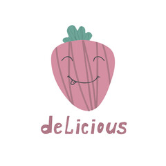 Funny strawberry with a smiling face. Isolated on white. Cartoon style. Vector illustration