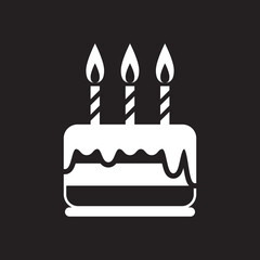 Birthday cake icon, white isolated on black background, vector illustration.