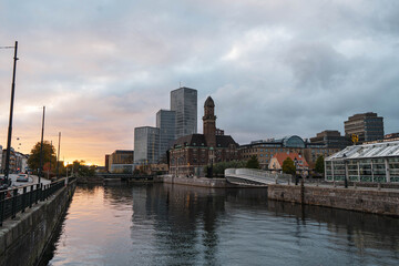 view of the harbor city Malmo at sunset