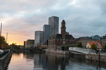 view of the harbor city Malmo at sunset