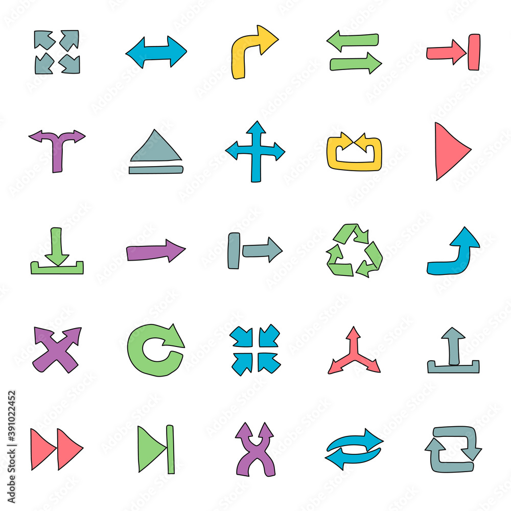 Aufkleber arrows hand drawn linear doodles isolated on white background. arrows icon set for web and ui design