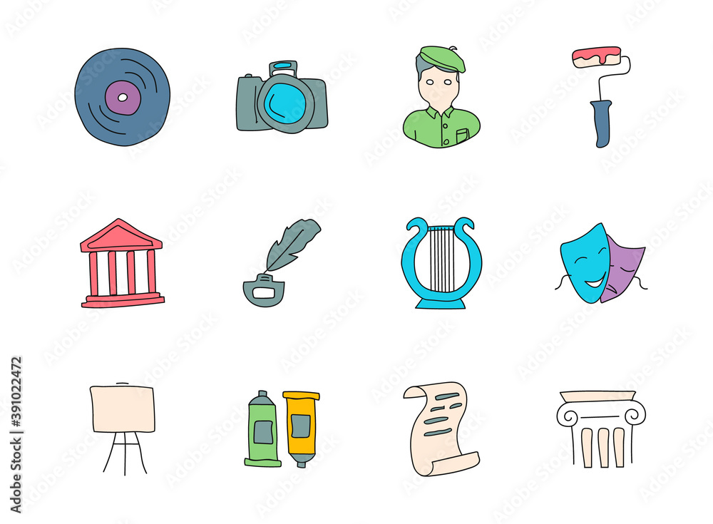 Poster art hand drawn linear vector icons isolated on white background. art doodle icon set for web and ui 