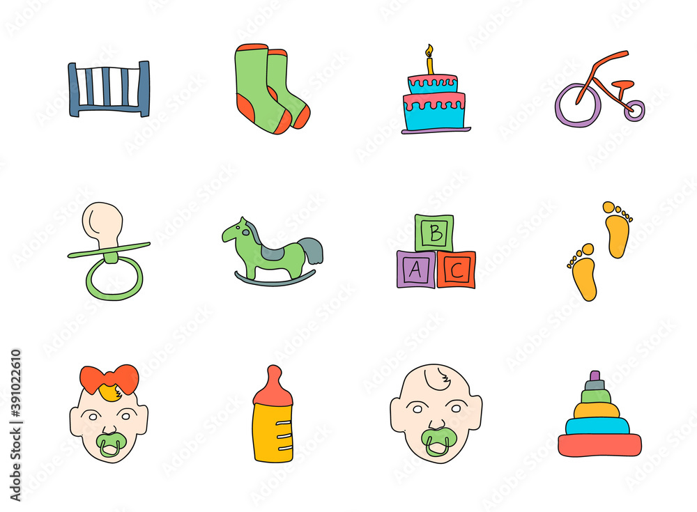 Poster baby hand drawn linear vector icons isolated on white background. baby doodle icon set for web and u