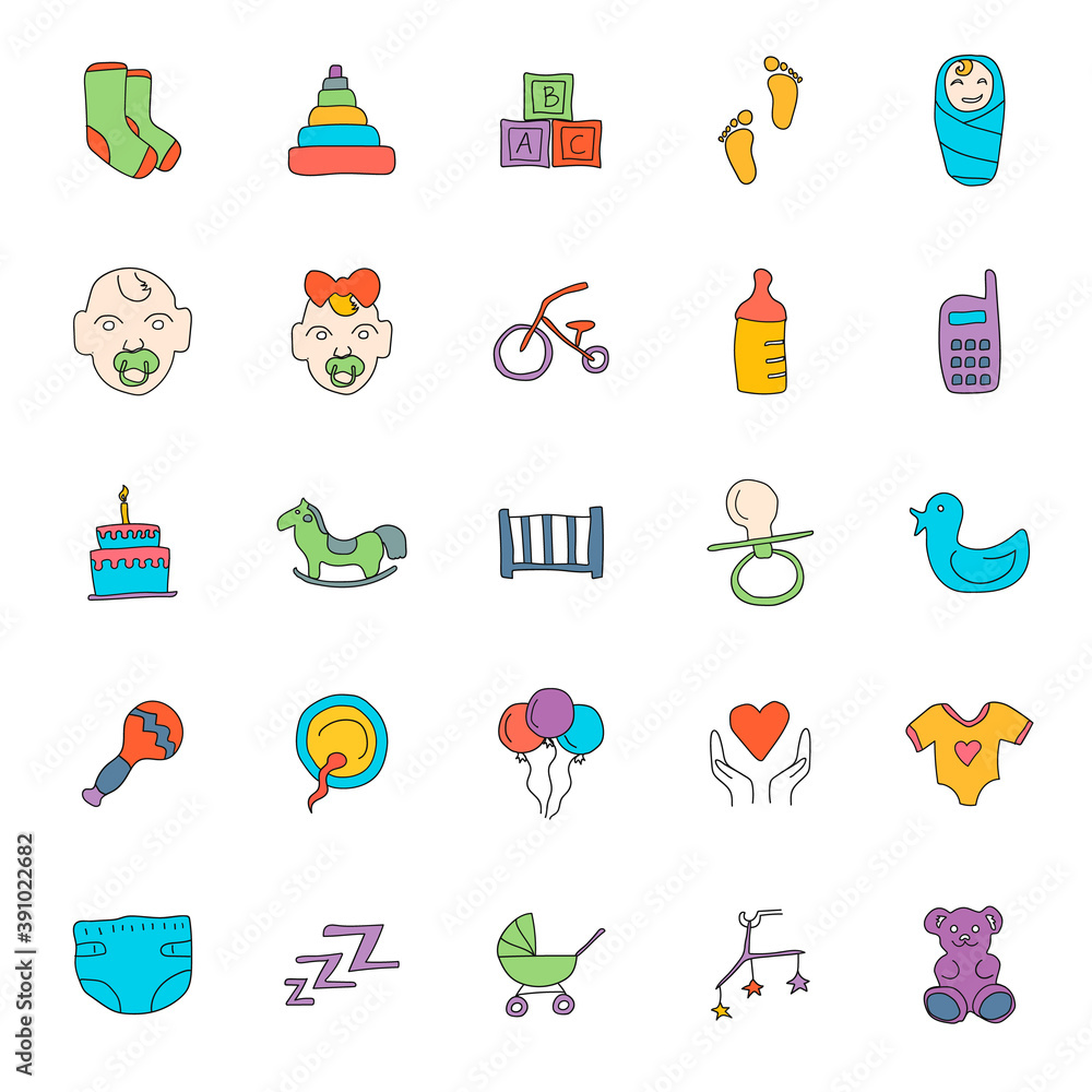 Poster baby hand drawn linear doodles isolated on white background. baby icon set for web and ui design, mo