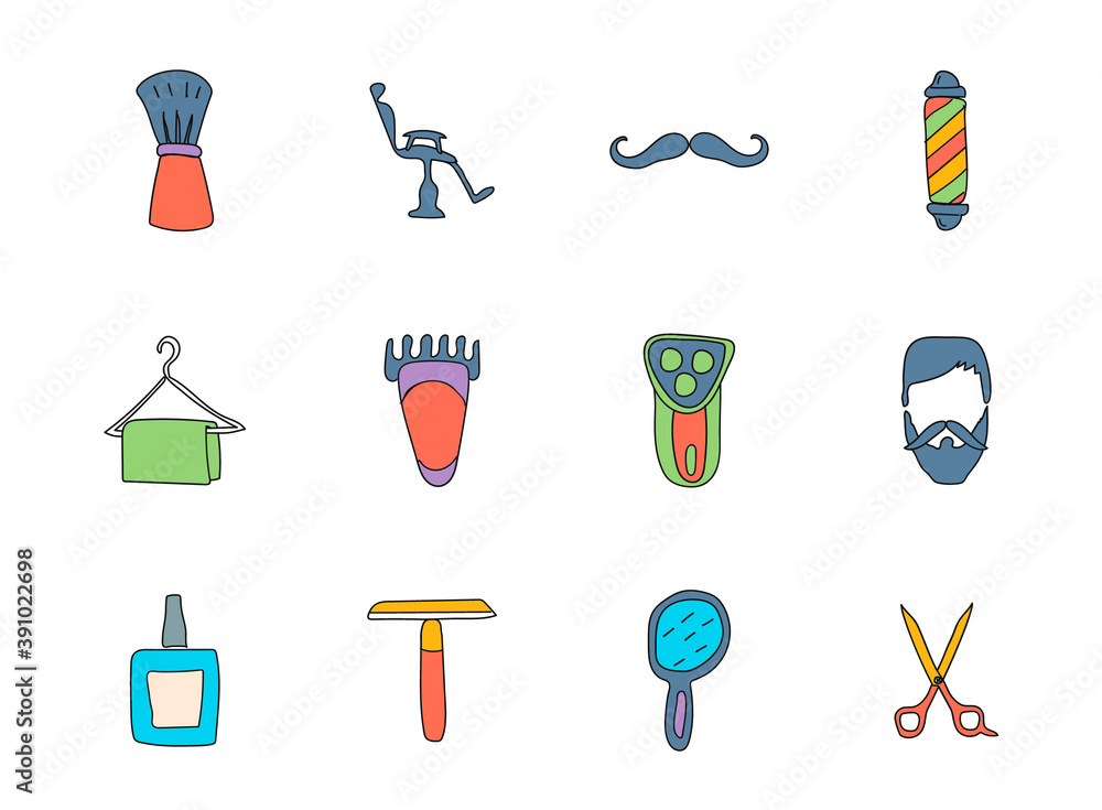 Poster barber shop hand drawn linear vector icons isolated on white background. barber shop doodle icon set