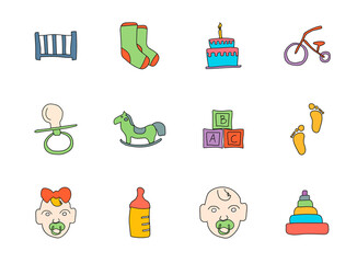 baby hand drawn linear vector icons isolated on white background. baby doodle icon set for web and ui design, mobile apps and print products