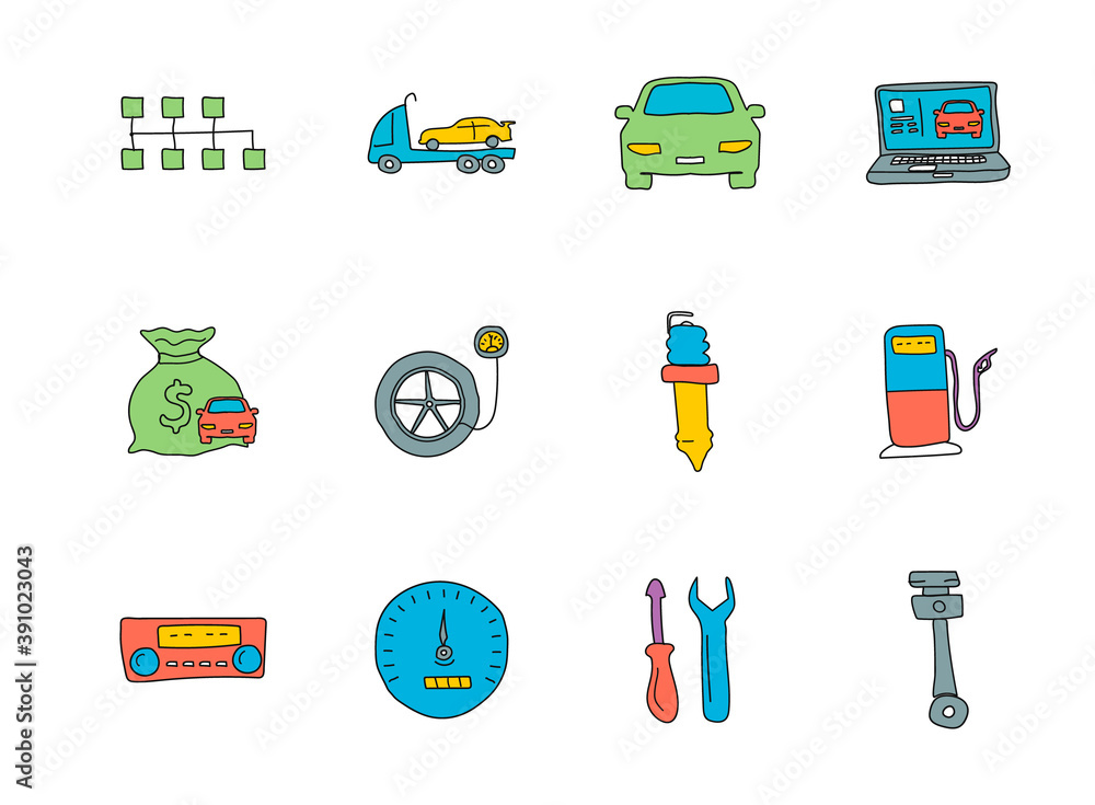 Aufkleber car service hand drawn linear vector icons isolated on white background. car service doodle icon set