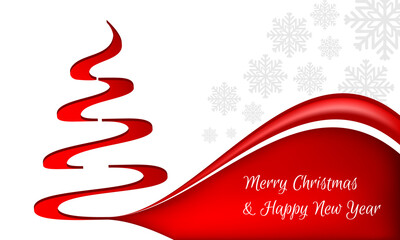 Christmas and New Year greeting with a red Christmas tree on a white background and snowflakes.