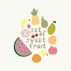Set of fruits in cartoon style. Vector image. Isolated on white