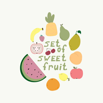 Set of fruits in cartoon style. Vector image. Isolated on white