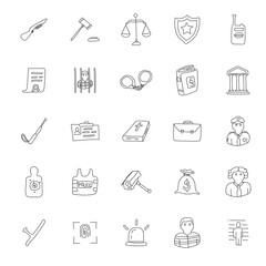 police hand drawn linear doodles isolated on white background. police icon set for web and ui design, mobile apps and print products