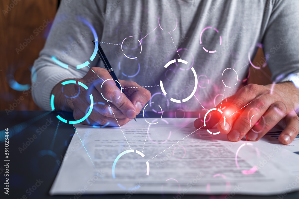 Poster double exposure of man signing contract and abstract network drawing hologram. concept of connection