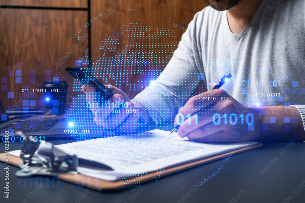 Poster double exposure of man signing contract with phone and world map network hologram. concept of intern