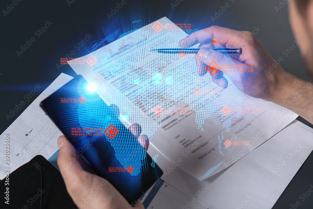 Poster double exposure of man signing contract with phone and world map network hologram. concept of intern
