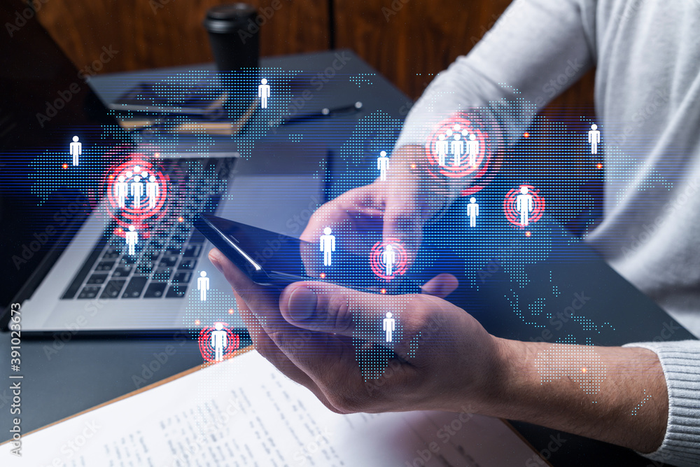 Poster man using phone. hands typing smartphone. double exposure with world map planet earth hologram. clos