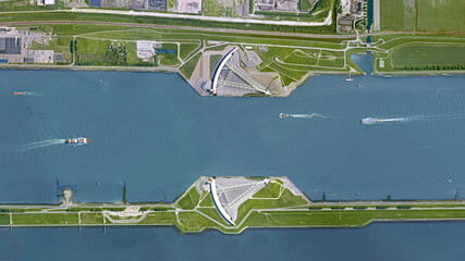 Delta works, Maeslantkering, bird’s eye view – Maeslant Barrier, looking down aerial view from...
