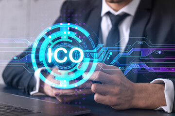 Businessman search and analyze using on-line app on phone. ICO icon hologram.