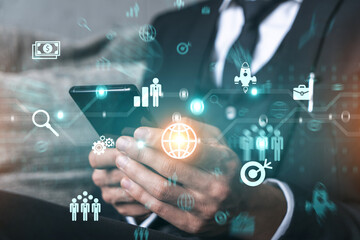 Businessman search and analyze using on-line app on phone. Research and development hologram.
