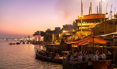 beautiful view of Varanasi city with old architectural buildings and temples and the holy Manikarnika ghat at Varanasi