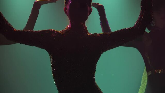 Theatrical show performed by an attractive female dancer dressed in a costume of the queen of ancient Egypt. A silhouetted woman is dancing in the dark with smoke and lighting. Close up.